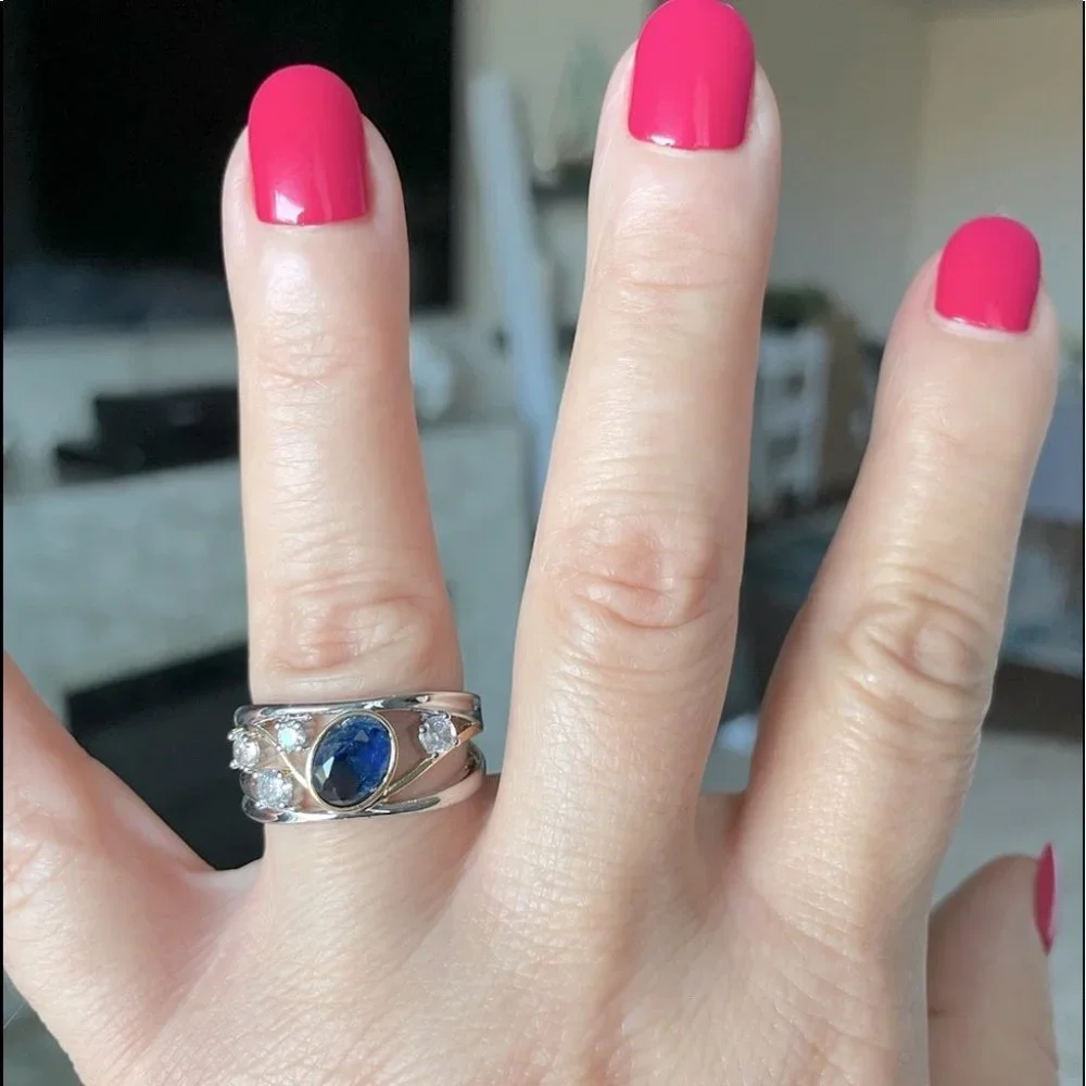 New Two Tone 925 Silver/18k Gold Blue Sapphire Diamond Ring